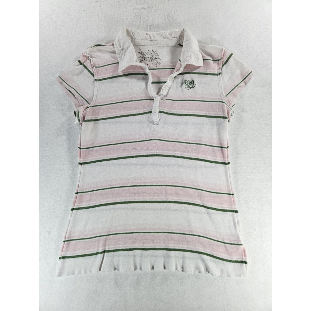 Vtg Roxy Striped Polo Shirt Y2K Pink Green White Embroidered Baby Tee XS S